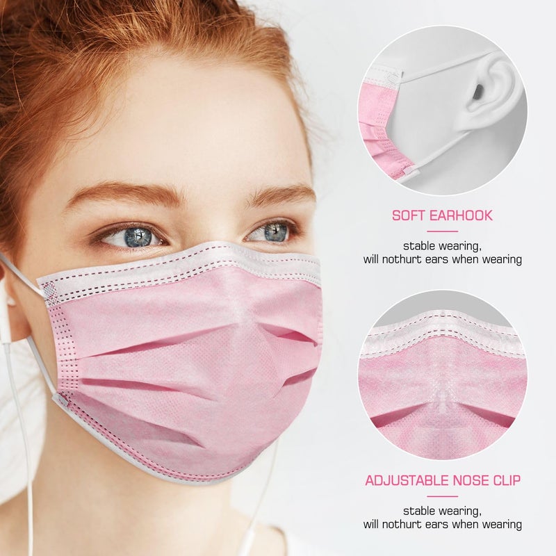 PM PERFORMOTOR 50 Pcs Disposable Face Cover 3-Ply Filter Non Medical Breathable Earloop Masks (Pink) - Image 4